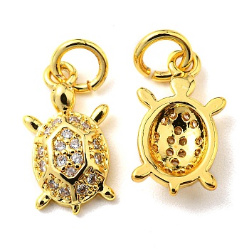 Rack Plating Brass Micro Pave Cubic Zirconia Charms, with Jump Ring, Tortoise, Real 18K Gold Plated, 14x7.5x2.8mm, Hole: 3.2mm