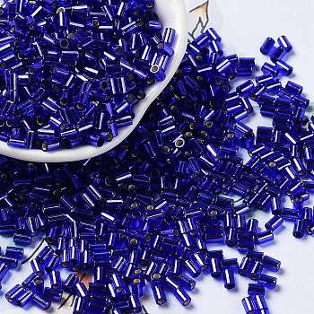 Baking Paint Glass Round Bugle Beads, Silver Lined, Tube, Blue, 3.5~3.8x2~2.5mm, Hole: 1.2mm