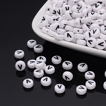 Acrylic Beads, with Horizontal Hole, Letter, Flat Round, Letter.V, 7x4mm, Hole: 1mm, about 3500pcs/500g