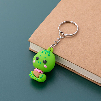 PVC Plastic Cute Snake Pendant Keychain, with Iron Ring, Sea Green, 9.5cm
