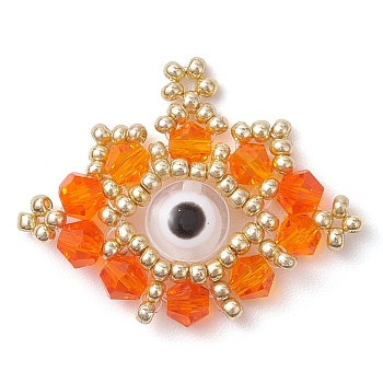 Seed Beads Beaded Charms, Eye Pendants, Orange, 23x30x5mm, Hole: 1.2mm