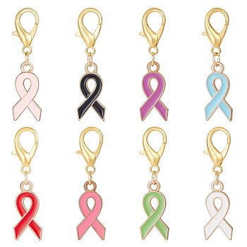 Alloy Enamel Awareness Ribbon Pendant Decorations, Lobster Clasp Charms, Clip-on Charms, for Keychain, Purse, Backpack Ornament, Stitch Marker, Mixed Color, 19.5x9.5x2mm, 16pcs/box