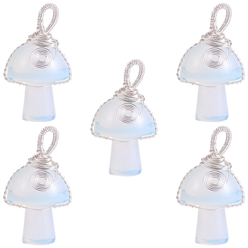 Opalite  Pendants, Mushroom Charms, with Silver Color Plated Copper Wire Wrapped, 30x15x16mm, Hole: 5mm