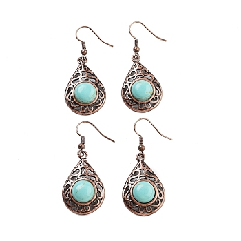 Synthetic Turquoise Teardrop Dangle Earrings, Red Copper Plated Hollow Brass Earrings for Women, 46.5x19.5mm