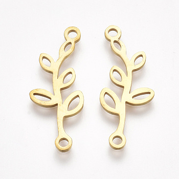 201 Stainless Steel Links connectors, Laser Cut Links, Branch with Leaf, Golden, 25x10x1mm, Hole: 1.5mm