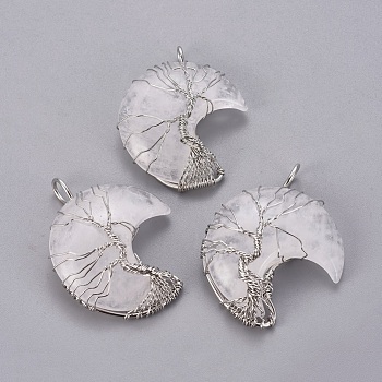 Natural Quartz Crystal Tree of Life Wire Wrapped Pendants, Rock Crystal, with Brass Findings, Crescent Moon, Platinum, 44~46x26~32x12.5mm, Hole: 6.5x4.5mm