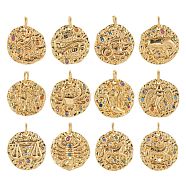 12Pcs 12 Style Brass Micro Pave Cubic Zirconia Pendants, with Jump Rings, Flat Round with Constellation, 12 Constellations, 14~15x2mm, Hole: 3mm(ZIRC-LS0001-03G)