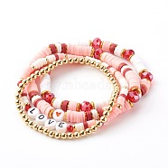 Stretch Beaded Bracelets Sets, Stackable Bracelets, with Polymer Clay Heishi Beads, Glass & Brass Beads, Word Love, Golden, Pink, Inner Diameter: 2~2-1/4 inch(5~5.7m), 4pcs/set(BJEW-JB06201)
