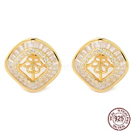 925 Sterling Silver Stud Earring Findings, with Clear Cubic Zirconia, Square, for Half Drilled Beads, with S925 Stamp, Real 18K Gold Plated, 12x12mm, Pin: 10.5x0.9mm and 0.1mm(STER-M115-18G)