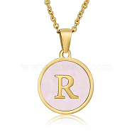 Natural Shell Initial Letter Pendant Necklace, with Golden Stainless Steel Cable Chains, Letter R, 17.72 inch(45cm)(LE4192-14)