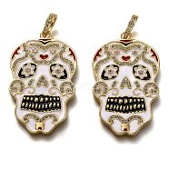Brass Micro Pave Clear Cubic Zirconia Pendants, Long-Lasting Plated, with Jump Rings & Colorful Enamel, Sugar Skull, For Mexico Holiday Day of The Dead, Real 18K Gold Plated, 39x24x2.3mm, Hole: 4.6x6.3mm(ZIRC-B0003-04G)