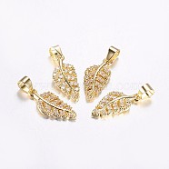 Long-Lasting Plated Brass Micro Pave Cubic Zirconia Pendants, Hollow Leaf, Real 18K Gold Plated, 17x7.5x1.5mm, Hole: 3.5mm(X-ZIRC-F069-36G)