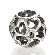 Alloy European Beads, Large Hole Beads, Hollow Rondelle with Flower, Antique Silver, 10.5x10x9mm, Hole: 5mm(MPDL-Q208-063)