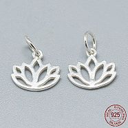 925 Sterling Silver Charms, with Jump Ring, with 925 Stamp, Lotus, Silver, 10.5x11x1mm, Hole: 4mm(X-STER-T002-277S)