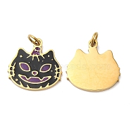 Halloween Ion Plating(IP) 304 Stainless Steel Charms, with Enamel and Jump Ring, Golden, Cat Charm, Black, 14x14x1mm, Hole: 2.6mm(STAS-D066-08G)