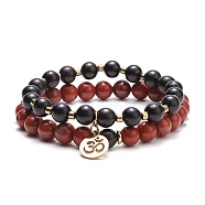 Beaded Stretch Bracelet Sets, with Wood Beads and Natural Red Jasper Beads, Electroplate Non-magnetic Synthetic Hematite Beads, Brass Beads, Inner Diameter: 2-1/4 inch(5.8cm), 2pcs/set(BJEW-JB08345)