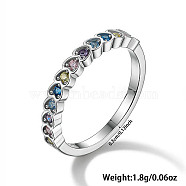 Heart Rhodium Plated Sterling Silver with Colorful Cubic Zirconia Finger Rings for Women, Platinum, Inner Diameter: 17mm(ES9944-3)