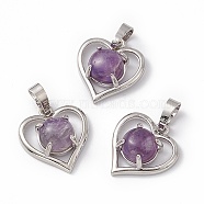Natural Amethyst Pendants, Heart Charms, with Platinum Tone Brass Findings, Cadmium Free & Nickel Free & Lead Free, 21.5x19.5x7.5~8mm, Hole: 7.5x5mm(G-P484-04P-04)