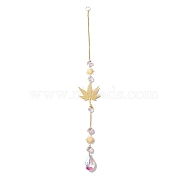 Hanging Suncatcher, Iron & Faceted Glass Pendant Decorations, with Jump Ring, Maple Leaf, Clear AB, 440x2.5mm, Hole: 10mm(HJEW-D002-09G)