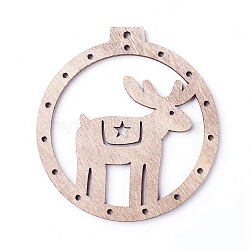 Undyed Wood Big Pendants, Flat Round with Christmas Reindeer/Stag, BurlyWood, 68.5x63.5x2.5mm, Hole: 2.5mm(WOOD-F007-09)