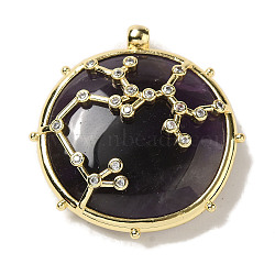 Constellation Natural Amethyst Pendants, Brass Flat Round Charms, Golden, Sagittarius, 32x30x9mm, Hole: 2mm(G-A300-E11)