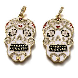Brass Micro Pave Clear Cubic Zirconia Pendants, Long-Lasting Plated, with Jump Rings & Colorful Enamel, Sugar Skull, For Mexico Holiday Day of The Dead, Real 18K Gold Plated, 39x24x2.3mm, Hole: 4.6x6.3mm(ZIRC-B0003-04G)