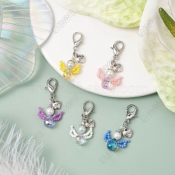 20Pcs 5 Colors Angel Glass Seed Beads Pendant Decorations, Lobster Clasp Charm for Bag Ornaments, Platinum, 39mm, 4pcs/color(HJEW-SZ00004)