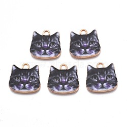 Printed Alloy Pendants, Cadmium Free & Nickel Free & Lead Free, Light Gold, Cat Head, Dark Slate Blue, 17x17.5x1.5mm, Hole: 2mm(PALLOY-N168-002D)