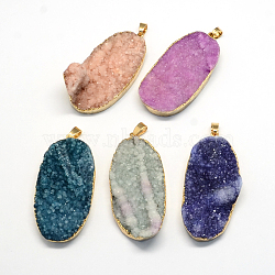 Plated  Natural  Druzy Agate Oval Pendants, with Light Gold Plated Brass Findings, 53~60x23~27x7~23mm, Hole: 6x5mm(G-R275-07)