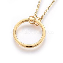 304 Stainless Steel Pendant Necklaces, with Lobster Clasp, Ring, Golden, 17.72 inch(45cm), 1.5mm(NJEW-H491-15G)