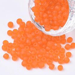 6/0 Frosted Round Glass Seed Beads, Orange, Size: about 4mm in diameter, hole:1.5mm, about 495pcs/50g(X-SEED-A008-4mm-M9)