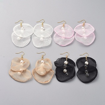 Organza Fabric Dangle Earrings, with Golden Plated Brass Findings and Plastic Imitation Pearl, Mixed Color, 60mm, Pin: 0.6mm