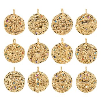 12Pcs 12 Style Brass Micro Pave Cubic Zirconia Pendants, with Jump Rings, Flat Round with Constellation, 12 Constellations, 14~15x2mm, Hole: 3mm