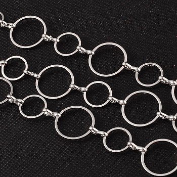 Brass Handmade Chains, Unwelded, with Spool, Nickel Free, Silver, Link: 10x1mm and 14x1mm, about 32.8 Feet(10m)/roll