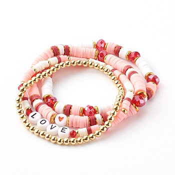 Stretch Beaded Bracelets Sets, Stackable Bracelets, with Polymer Clay Heishi Beads, Glass & Brass Beads, Word Love, Golden, Pink, Inner Diameter: 2~2-1/4 inch(5~5.7m), 4pcs/set