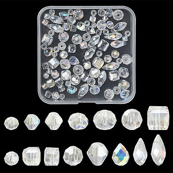 100Pcs 15 Style Transparent Electroplate Glass Faceted Beads, Bicone & Round & Cube & Teardrop & Rondelle, Clear, 4~13x3~8mm, Hole: 0.4~1.5mm