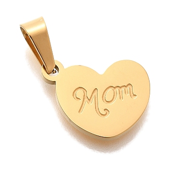 Mother's Day PVD Vacuum Plating 304 Stainless Steel Charms, with 201  Stainless Steel Ice Pick Pinch Bails, Heart with Word Mom Charm, Real 18K Gold Plated, 13.5x15x1.5mm, Hole: 5.5x3.5mm