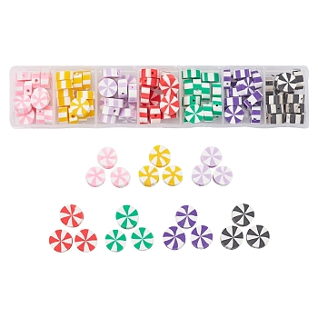 91Pcs 7 Colors Handmade Polymer Clay Beads, Flat Round, Mixed Color, 9~10x4mm, Hole: 1.6mm, 13pcs/color
