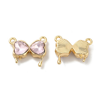 Glass Charms, Rack Plating Golden Alloy Findings, Nickel Free, Bowknot, Pink, 14x16x4.5mm, Hole: 1.5mm
