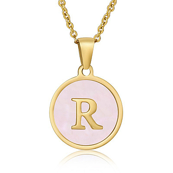 Natural Shell Initial Letter Pendant Necklace, with Golden Stainless Steel Cable Chains, Letter R, 17.72 inch(45cm)