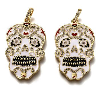 Brass Micro Pave Clear Cubic Zirconia Pendants, Long-Lasting Plated, with Jump Rings & Colorful Enamel, Sugar Skull, For Mexico Holiday Day of The Dead, Real 18K Gold Plated, 39x24x2.3mm, Hole: 4.6x6.3mm