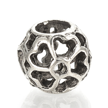 Alloy European Beads, Large Hole Beads, Hollow Rondelle with Flower, Antique Silver, 10.5x10x9mm, Hole: 5mm