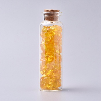 Glass Wishing Bottle, For Pendant Decoration, with Citrine Chip Beads Inside and Cork Stopper, 22x71mm