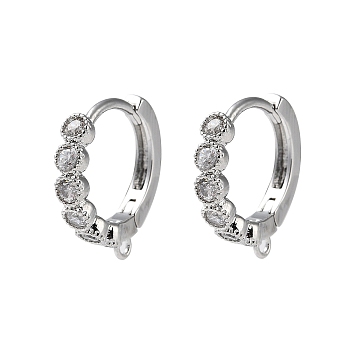 Brass Micro Pave Cubic Zirconia Hoop Earrings Findings, Ring, Real Platinum Plated, 14x13x2.5mm, Hole: 1mm, Pin: 1mm, 18 Gauge(1mm)