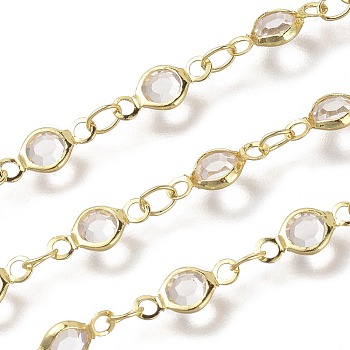 Handmade Glass Link Chains, Soldered, with Brass Findings, with Spool, Long-Lasting Plated, Flat Round, Clear, Golden, 10x4.5x2mm, Hole: 1.5mm, about 32.8 Feet(10m)/roll