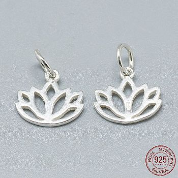 925 Sterling Silver Charms, with Jump Ring, with 925 Stamp, Lotus, Silver, 10.5x11x1mm, Hole: 4mm