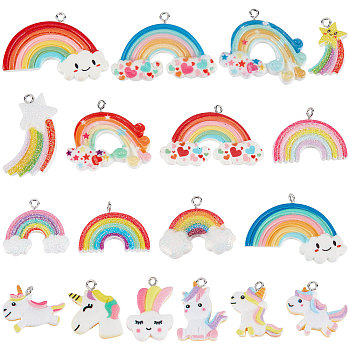 36Pcs 18 Styles Opaque Resin Pendants, Rainbow & Unicorn & Meteor Charm, with Platinum Tone Iron Loops, Mixed Color, 18~30.5x15.5~41x4~6.5mm, Hole: 2mm, 2pcs/style