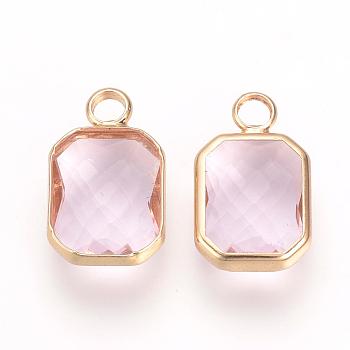 Glass Pendants, with Brass Findings, Faceted, Octagon, Plum, 14x8.5x3.5mm, Hole: 2mm