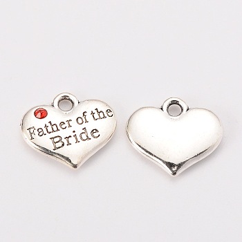 Wedding Theme Antique Silver Tone Tibetan Style Alloy Heart with Father of the Bride Rhinestone Charms, Cadmium Free & Lead Free, Hyacinth, 14x16x3mm, Hole: 2mm
