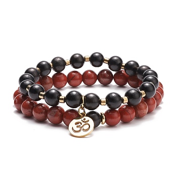 Beaded Stretch Bracelet Sets, with Wood Beads and Natural Red Jasper Beads, Electroplate Non-magnetic Synthetic Hematite Beads, Brass Beads, Inner Diameter: 2-1/4 inch(5.8cm), 2pcs/set